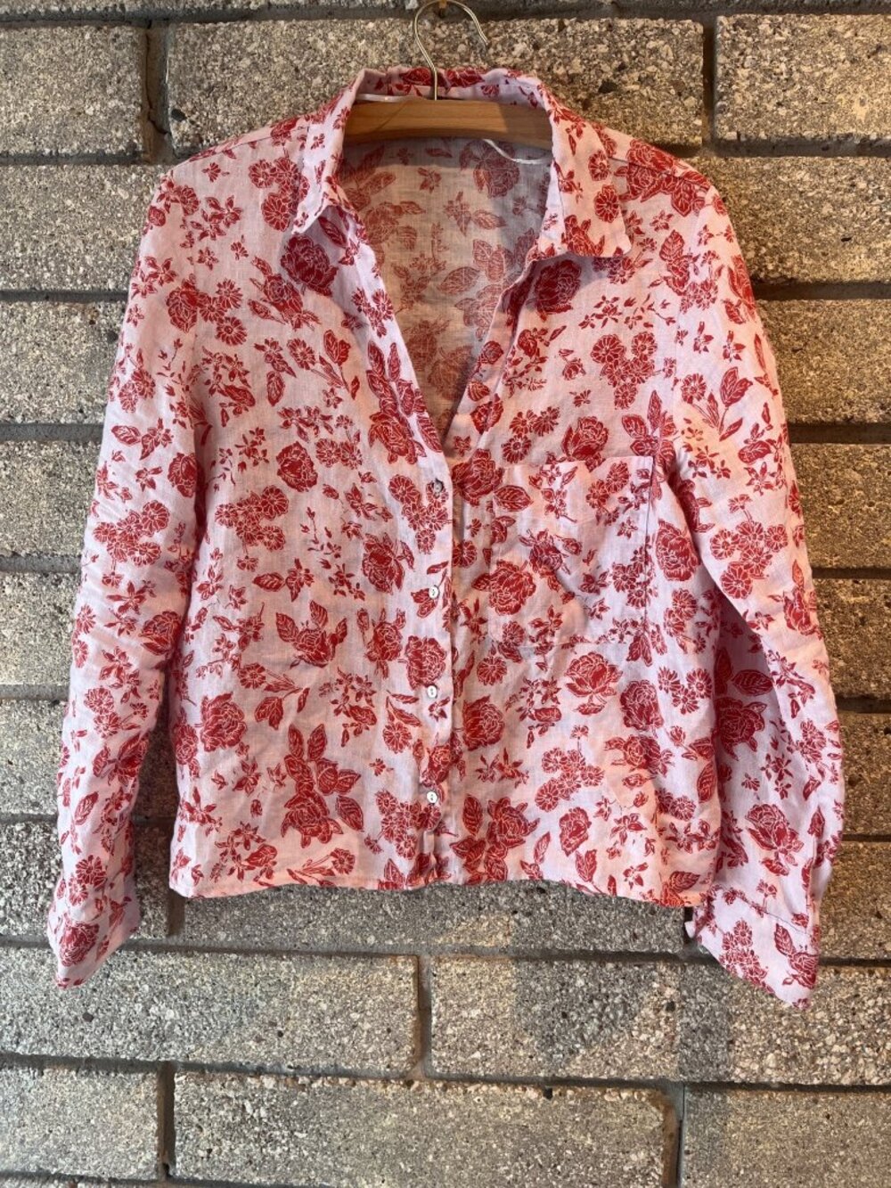 Zara Womens Red & White Floral Linen Button-Up Shirt Large